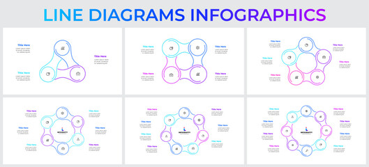 Collection of line diagrams infographic templates for business, education, and organizational use, ideal for presentation. Set with 3, 4, 5, 6, 7 and 8 options, steps or processes