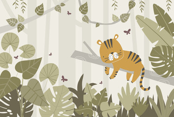 Vector illustration cute tiger lying sleeping on a branch, tropical leaves, jungle. Tropical wallpaper for children's room. Kids room design, wall decor. Mural. Wall art. African. Safari. © ZHUKO
