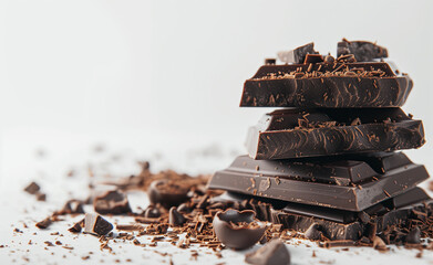 Close-up of dark chocolate pralines on a white background, studio shot, photorealistic product photography with copy space