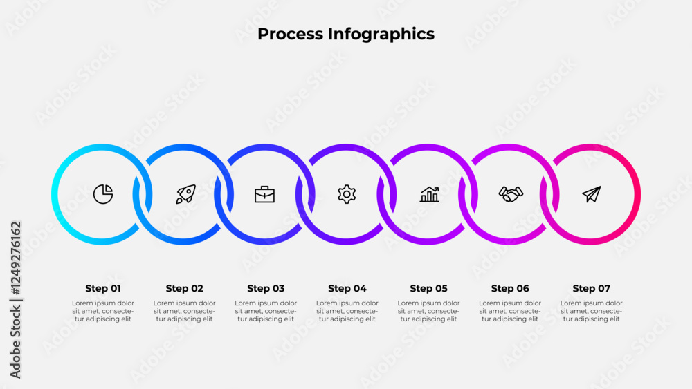 Poster Infographic 7 steps process with circular graphics, suitable for business, marketing, or academic use in visualizing workflows, strategies, or concise step-by-step instructions