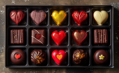 Close-up of an assortment box with heart-shaped chocolates in the center, surrounded by various chocolates in dark packaging, high-resolution image with copy space