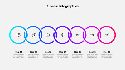 Fototapeta premium Infographic 7 steps process with circular graphics, suitable for business, marketing, or academic use in visualizing workflows, strategies, or concise step-by-step instructions