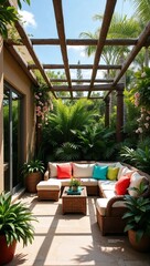 Fototapeta premium An outdoor patio with wicker furniture, colorful cushions, and lush greenery, creating a tropical retreat