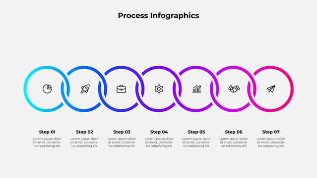 Infographic 7 steps process with circular graphics, suitable for business, marketing, or academic use in visualizing workflows, strategies, or concise step-by-step instructions