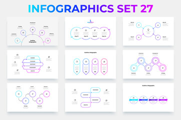 Line infographic templates for business, management, and communication. Flowcharts, timelines and process diagrams with 4 and 5 options, steps or options
