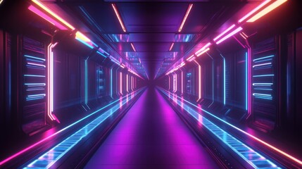 Fototapeta premium Futuristic Neon Lit Tunnel: A Cyberpunk Corridor with Vibrant Lights