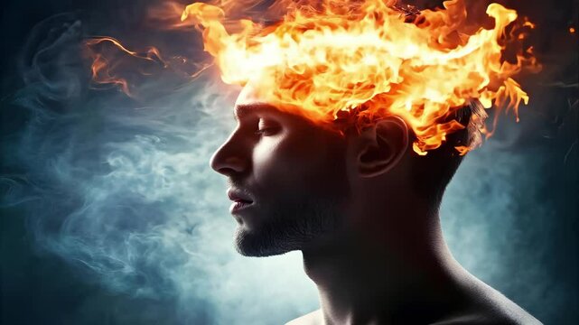 A profile of a man with flames and smoke emanating from his head, symbolizing intense thoughts or creativity.