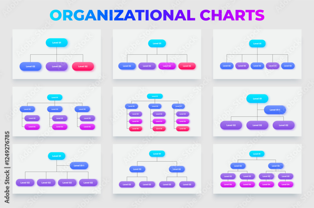 Poster Collection of organizational chart designs showcasing various hierarchical structures and layouts for business and corporate purposes. Infographic flowchart templates
