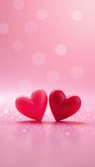 Two red heart shapes on pink glitter background, Valentine's Day