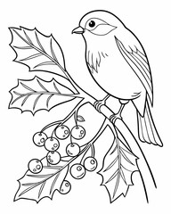 Fototapeta premium Winter mood coloring page. Coloring book with bird sitting on holly branch. Printable coloring page for children.