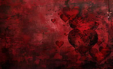 Red abstract background with hearts, dark red grunge texture, Valentine's Day or love concept, romantic wallpaper with copy space.	