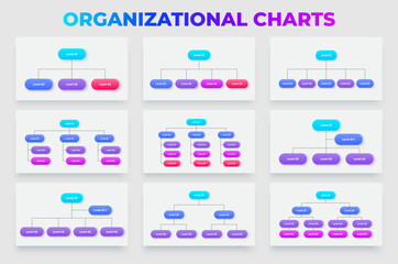 Collection of organizational chart designs showcasing various hierarchical structures and layouts for business and corporate purposes. Infographic flowchart templates