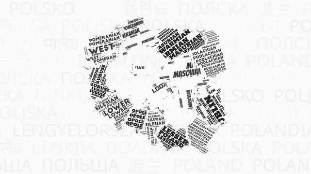 Poland intro animation. Country with regions illustration video. Background with country names in various languages. Regions of Poland animation. Modern video.