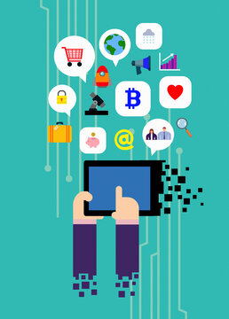 Hands using digital tablet for lots of functions