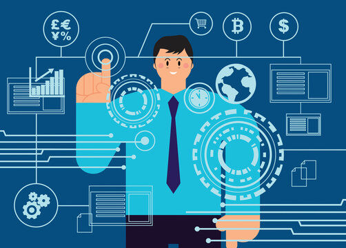 Businessman using touchscreen for global communication