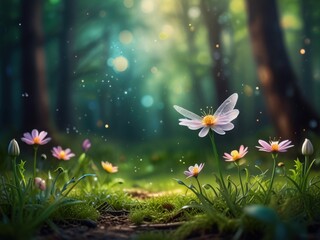 Beautiful firefly in the night at nature forest. Spring banner, spring update concept