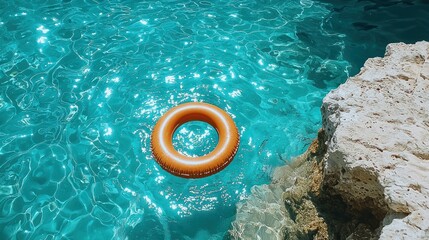 Obraz premium Floating inner tube in turquoise water, rocky shore background