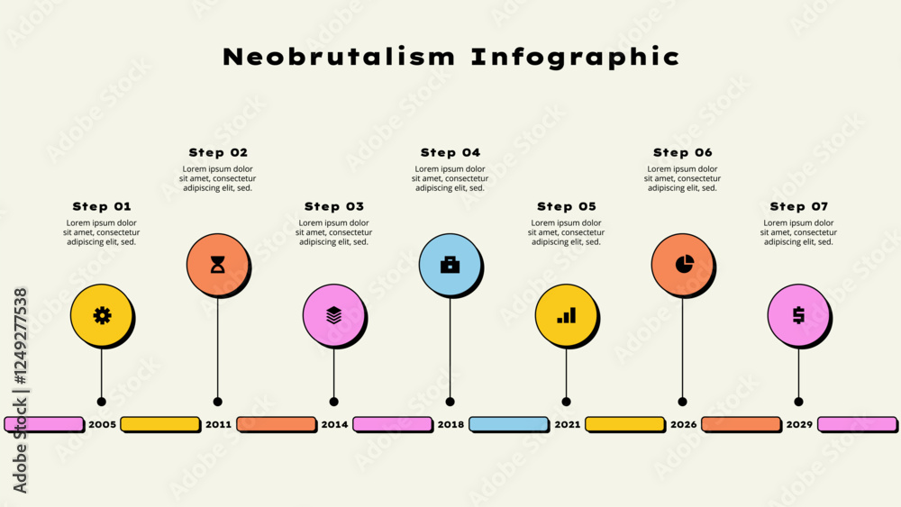 Poster Seven horizontal circle elements. Concept of 7 options of business development process. Timeline vector illustration. Neobrutalism infographic template