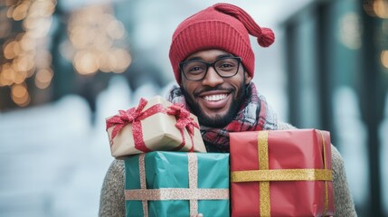 Fototapeta premium happy man carrying christmas gifts in winter