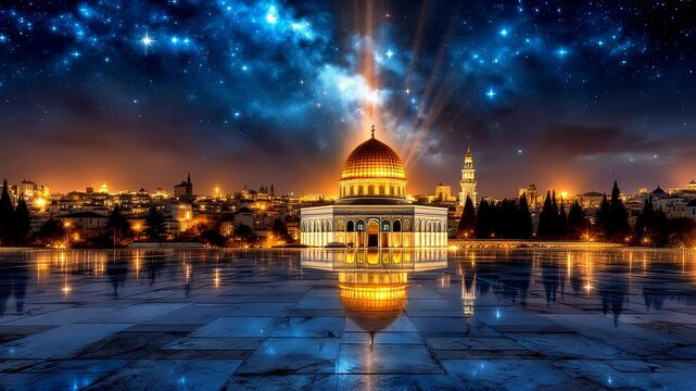 Golden Dome of the Rock, Jerusalem: A breathtaking panoramic view of this iconic Islamic shrine, showcasing its intricate details and majestic presence against the vibrant Jerusalem skyline. A        