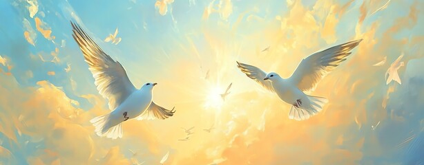 Doves flying in a vibrant sky at sunrise.
