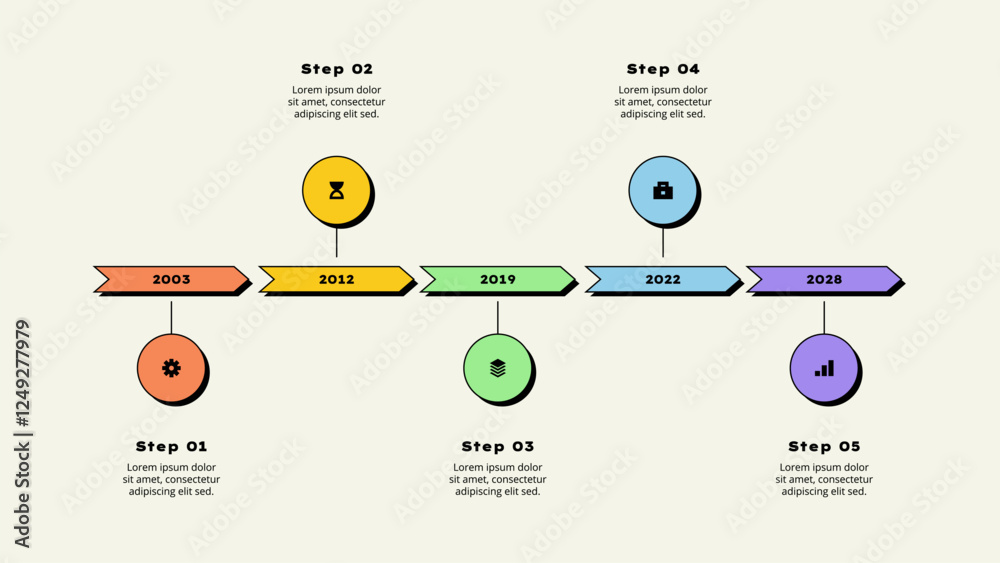 Poster five horizontal circle elements. concept of 5 options of business development process. timeline vect