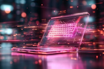A futuristic transparent laptop with a holographic keyboard, floating in mid-air