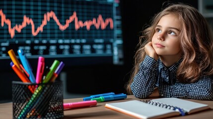 Young girl thoughtfully observing financial data on a screen while surrounded by colorful pens and an open notebook
