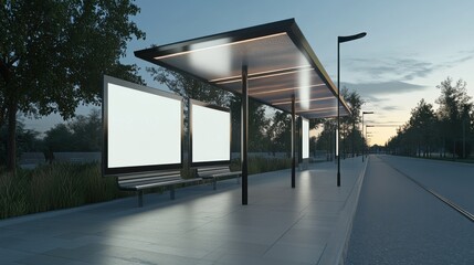 Naklejka premium modern bus stop with illuminated advertising panels at dusk