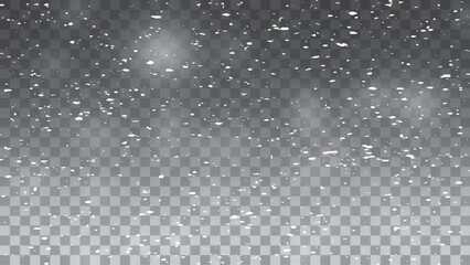 Real falling snow on transparent background. Sparkling magical white dust particles, fairy white dust sparks, sparks glitter, star night sky. 