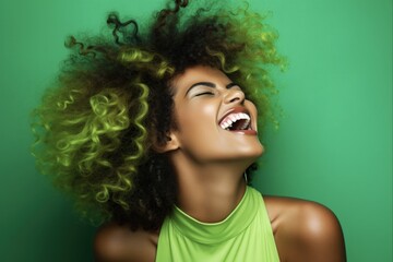 Fototapeta premium Green Fashion Beauty: Laughing Black Woman in Studio with Vibrant Makeup and Chic Clothing on Wall Background