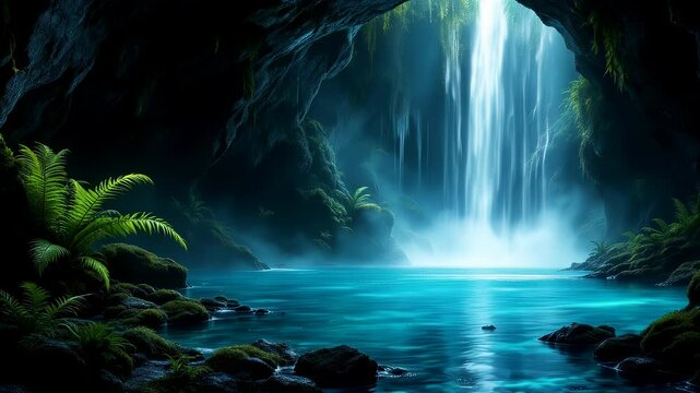 Ethereal Glow Bioluminescent Waterfall Cave, Surreal Animation. Mystical underground scene with neon glow, dreamlike atmosphere, glowing blue water, and vibrant bioluminescent plants. Perfect for    