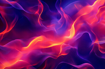Obraz premium Abstract background featuring red and purple flames with a glowing neon color scheme against a dark blue backdrop. High saturation, flowing light waves, and dark reflections create a dynamic, fiery at
