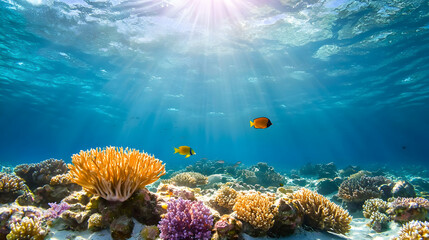 Naklejka premium Underwater coral reef scene bathed in sunlight, vibrant fish swimming among colorful coral formations 