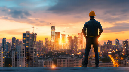 Fototapeta premium A construction worker, wearing a yellow helmet, stands on a rooftop overlooking a sprawling cityscape. The sun is setting in the background, casting a warm glow over the city.