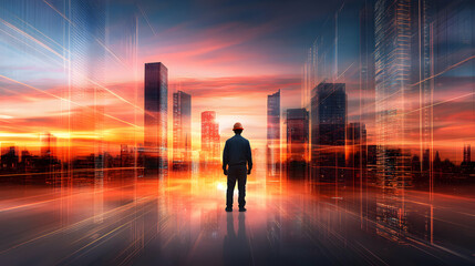 a lone construction worker stands silhouetted against the backdrop of a futuristic cityscape, looking out at a breathtaking sunrise. The image is infused with a sense of hope, progress.