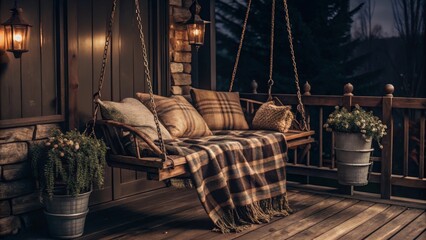 Relaxing moments on a countrystyle balcony wooden swing with soft plaid blankets cozy evening vibes