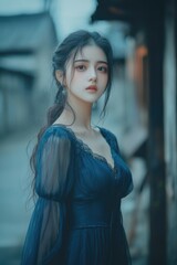 Obraz premium A young asian woman in a blue dress, looking contemplative and elegant against a rustic background.