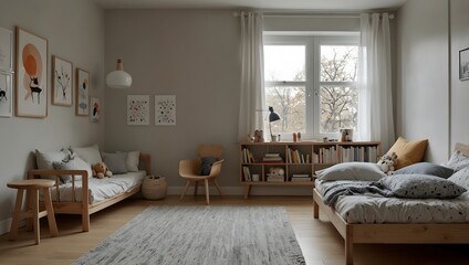 Obraz premium Minimalist child's bedroom with two daybeds, artwork, and natural light