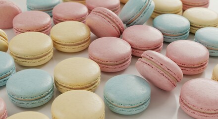 Fototapeta premium Colorful macarons are displayed on a white surface in abundance