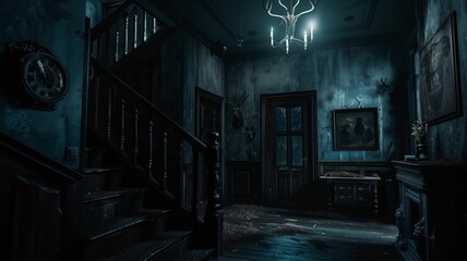 A large gothic mansion stands under a full moon, surrounded by twisted trees and dense fog