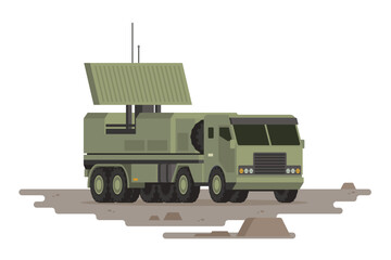 Military Vehicle Radar Truck Vector Illustration. Isolated on White, Flat Style and Fully Editable