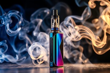 A modern vape device stands on a dark background, surrounded by swirling vapor. Generative ai