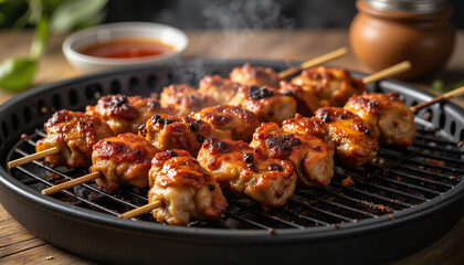 Spiced lamb skewers grilling outdoors, warm and inviting atmosphere