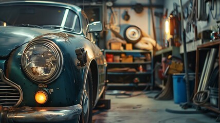 A weathered vintage car with faded red paint sits inside a cluttered garage