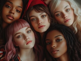 Obraz premium Group of young women with matching pink hair and bold makeup posing for the camera.