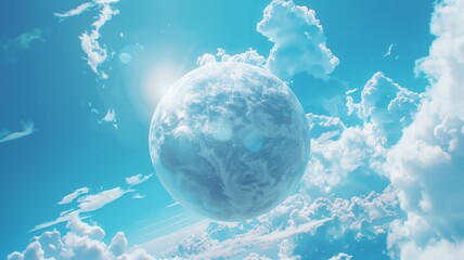Floating blue planet surrounded by scattered clouds against a deep cosmic sky