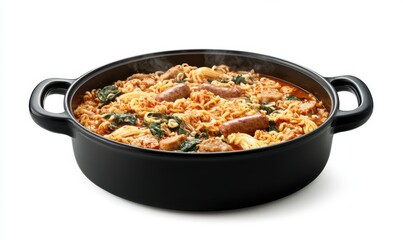 Spicy sausage noodle stew, steaming hot in a black pot, isolated on white; food blog, recipe