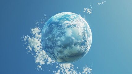 A massive blue planet rises above soft, floating clouds in a bright sky