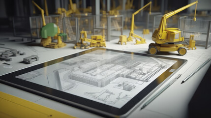A modern construction scene with a tablet displaying 3D building plans, a yellow helmet, and a measuring tape on a sleek work surface